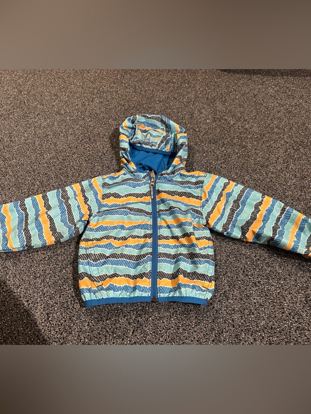 Columbia Striped Hooded Windbreaker Jacket in Teal, Yellow & Navy